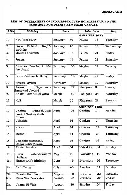 2011 Calendar India With Holidays