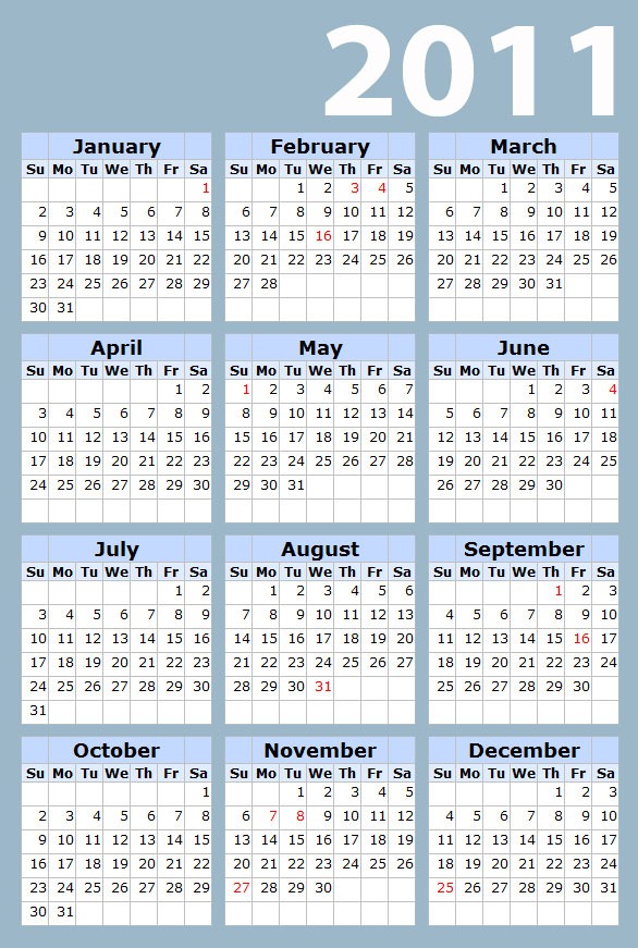 2011 Calendar With Holidays