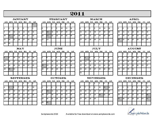 2011 Calendar With Holidays Printable