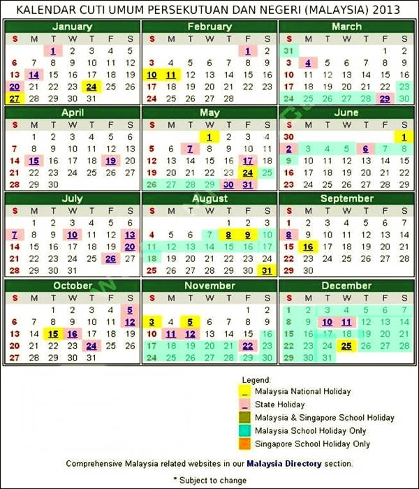 Calendar 2013 Malaysia With School Holidays