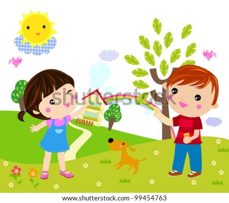 Children Playing In Rain Clipart