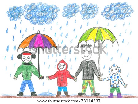 Children Playing In Rain Drawing