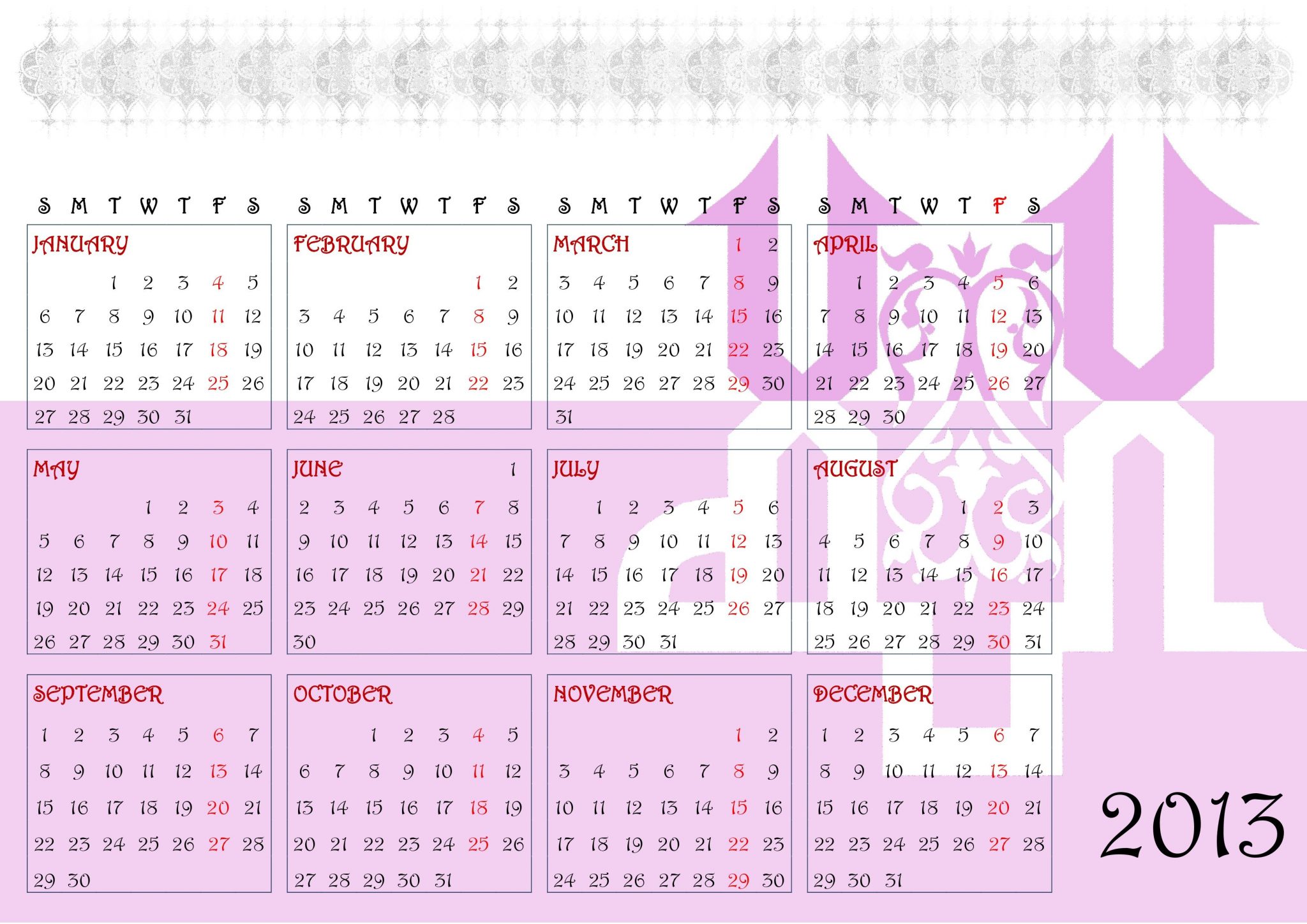 Free Printable Yearly Calendar 2013 Uk