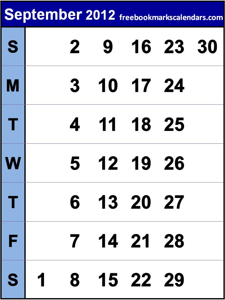 Free September Calendar Template 2012