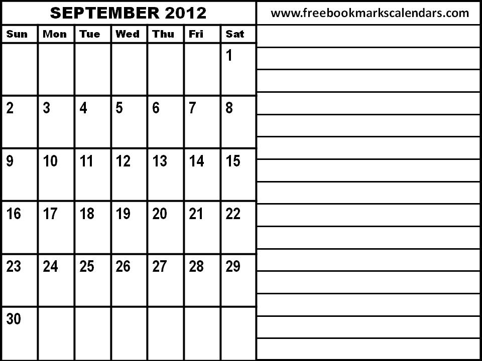 Free September Calendar Template 2012