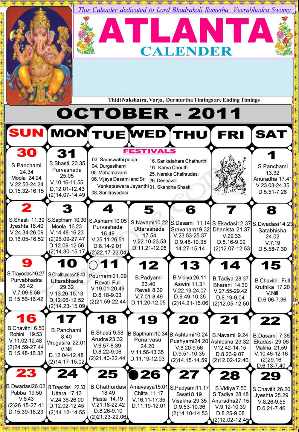 New York Telugu Calendar 2012 October