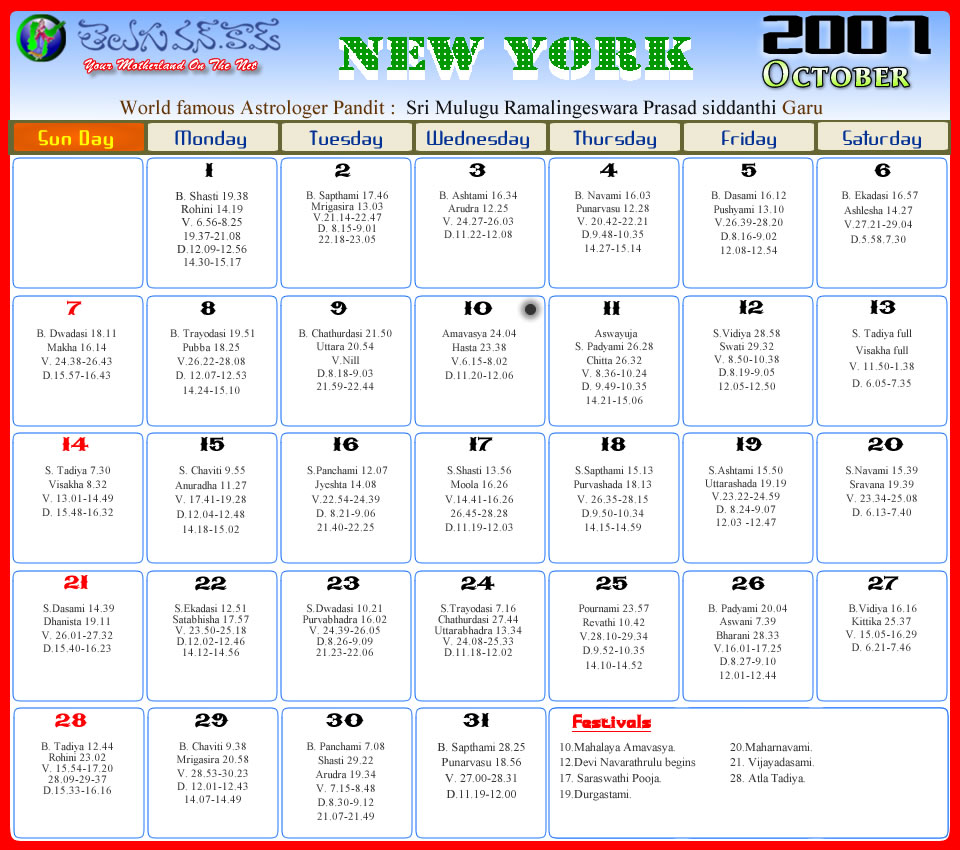 New York Telugu Calendar 2012 October