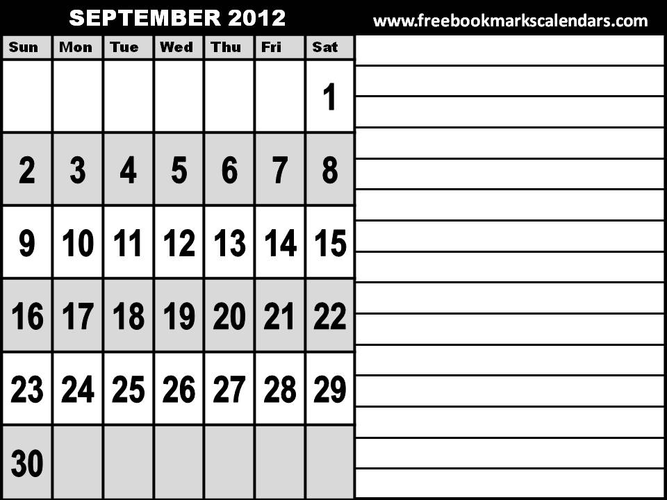 September Calendar Template 2012