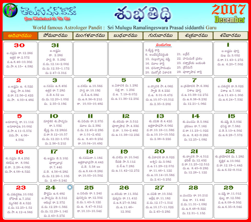 Telugu Calendar 2011