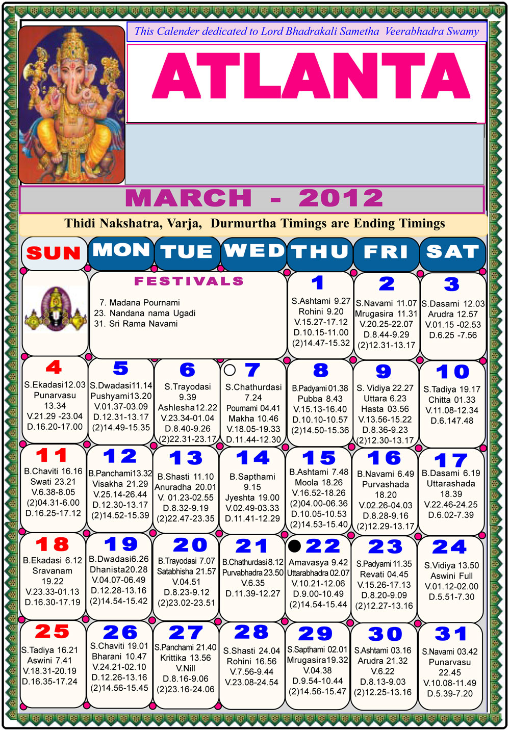 Telugu Calendar 2011