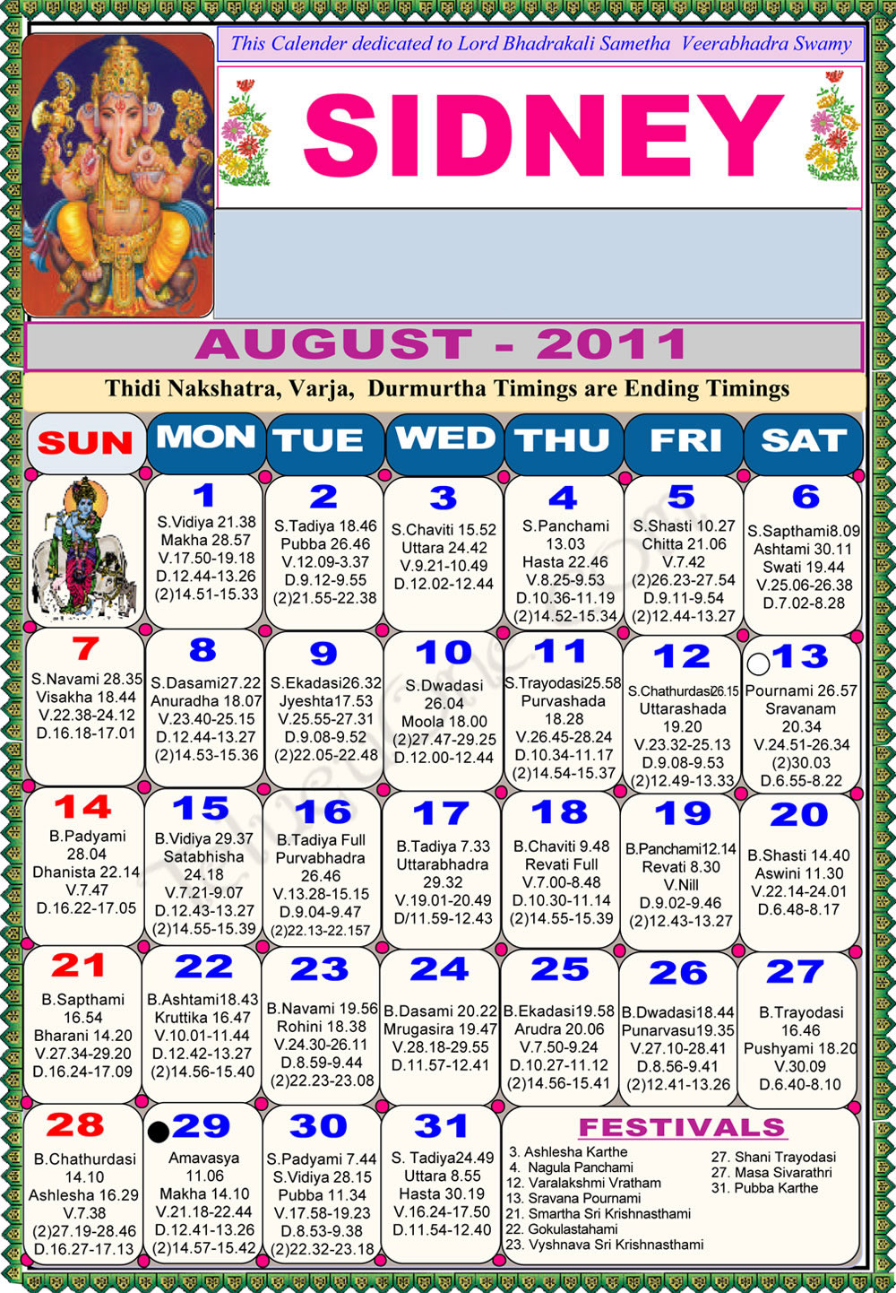 Telugu Calendar 2011 August