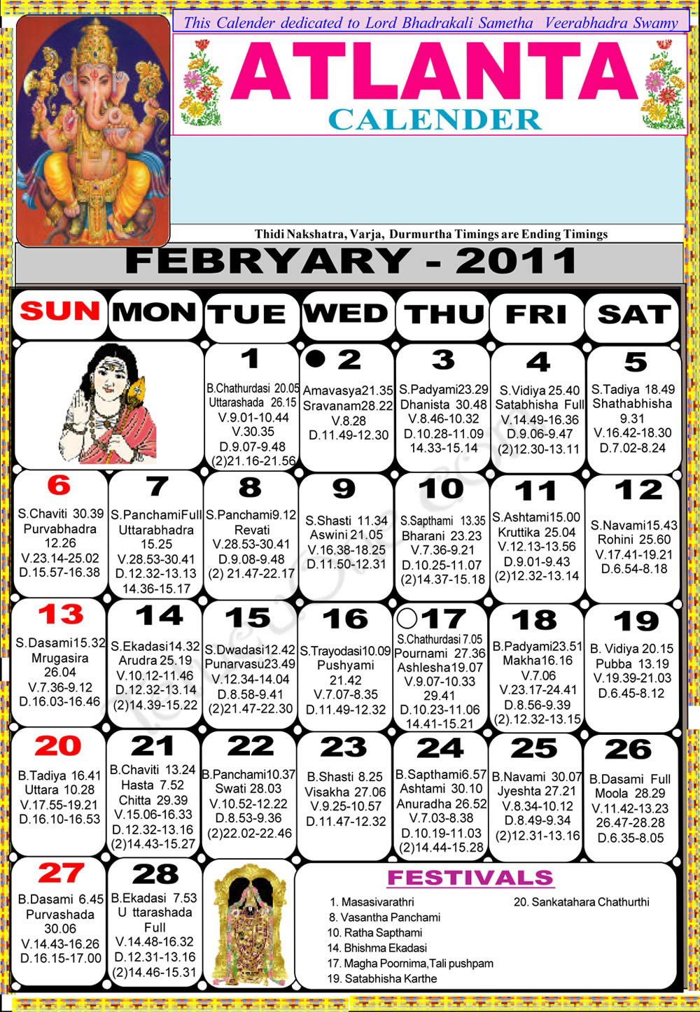 Telugu Calendar 2011 February