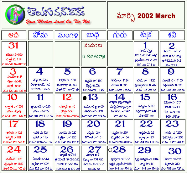 Telugu Calendar 2011 March