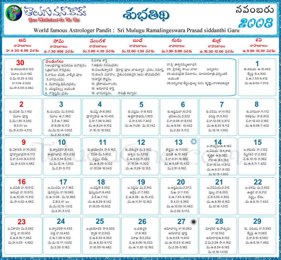 Telugu Calendar 2011 November