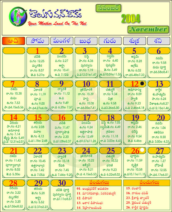 Telugu Calendar 2011 November