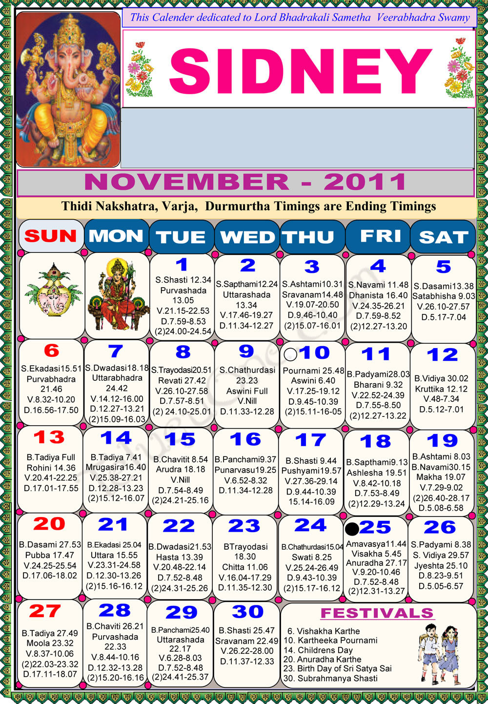 Telugu Calendar 2011 November