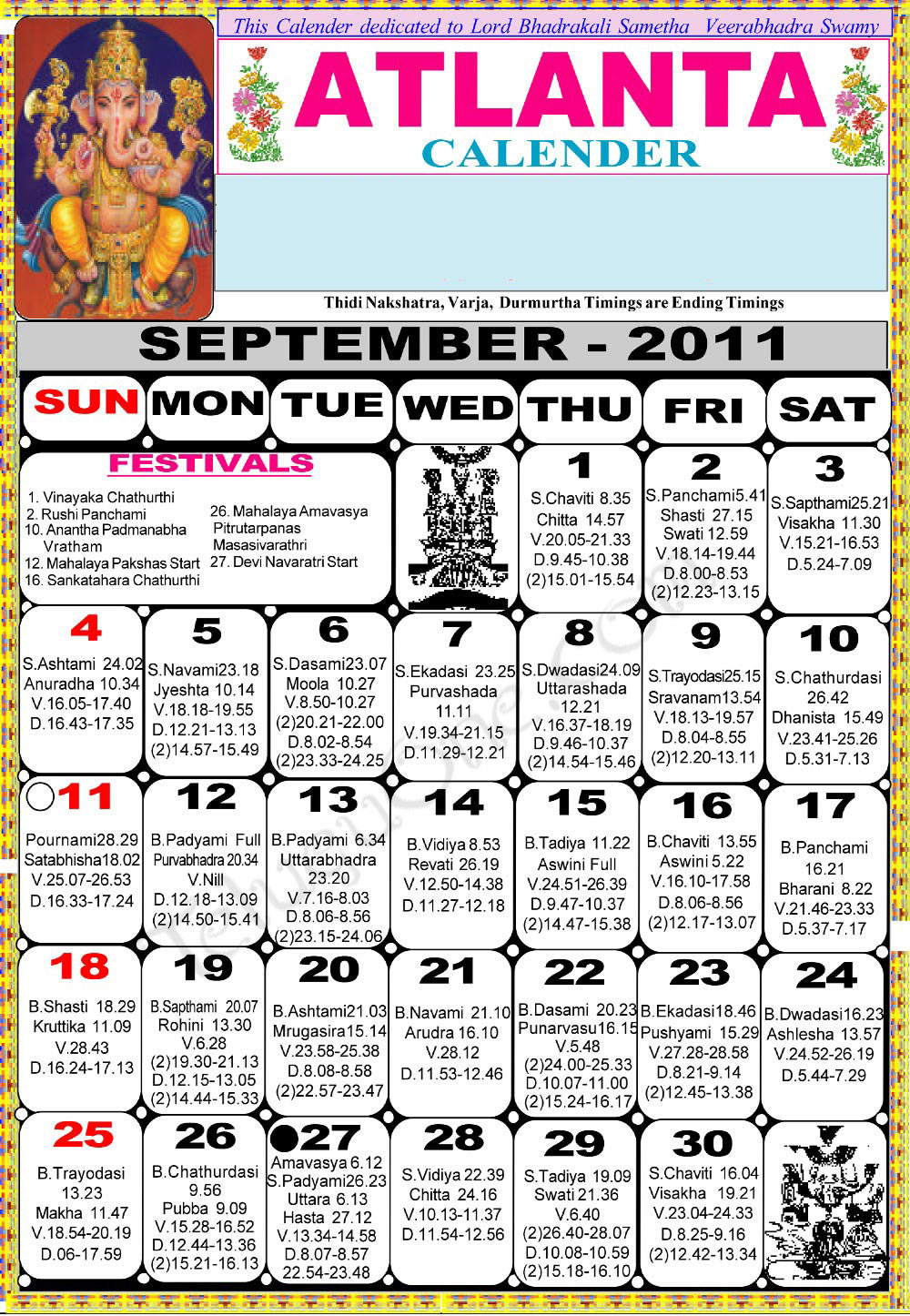 Telugu Calendar 2011 September