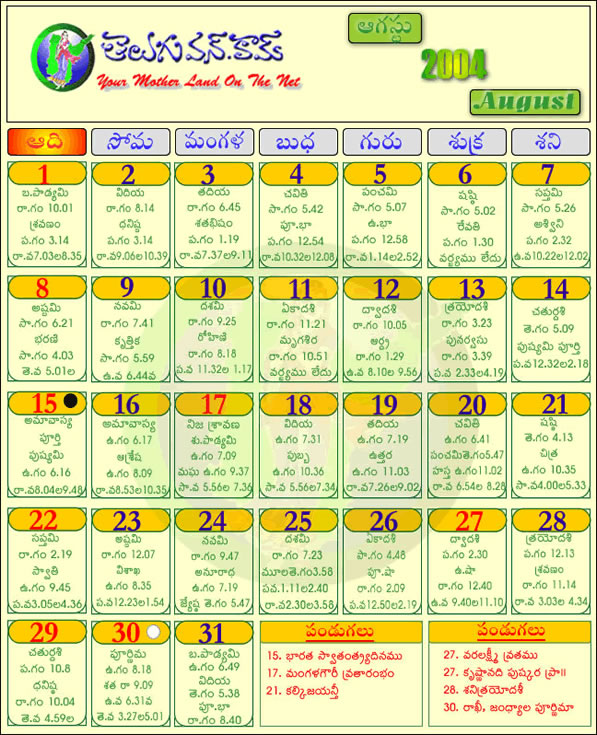 Telugu Calendar 2012 August