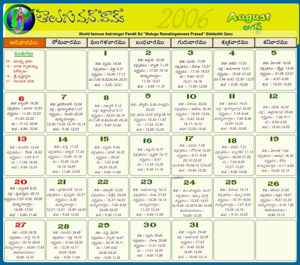 Telugu Calendar 2012 August