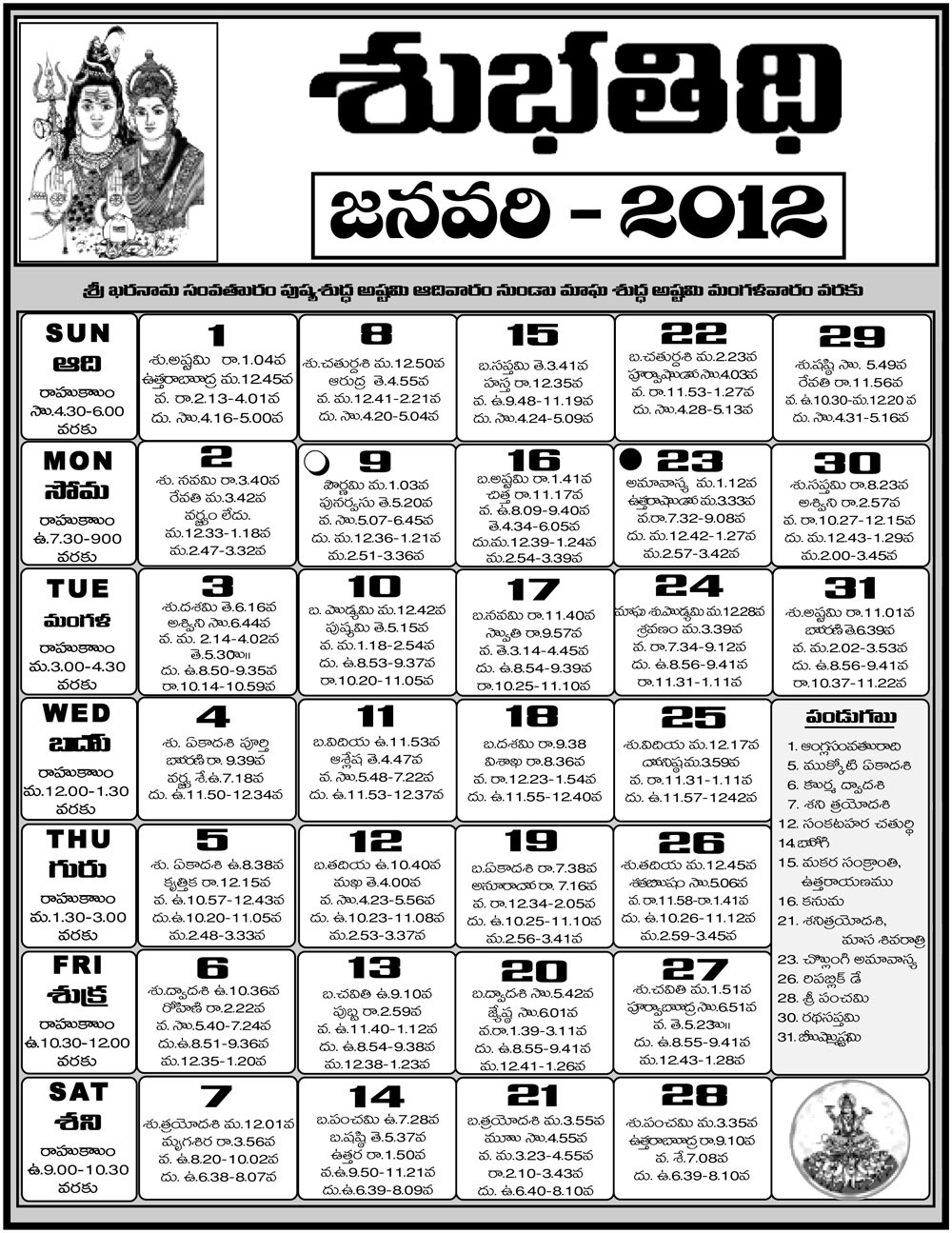 Telugu Calendar 2012 July And August