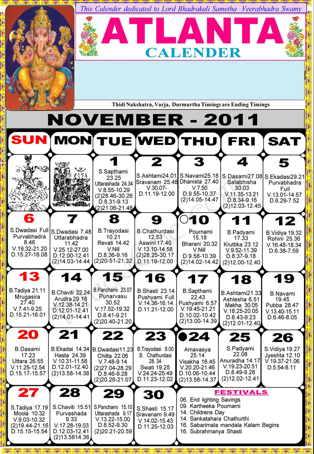 Telugu Calendar 2012 November