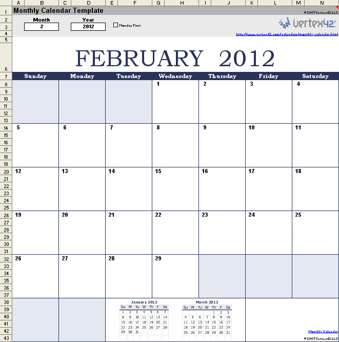 Vertex Calendar 2013 Excel